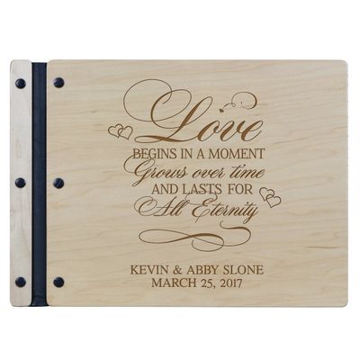 LifeSong Milestones Personalized Mr and Mrs. Wedding Anniversary Guest Book Registry for Bride and Groom Newlywed Couple Custom Engraved Cherry Wood 13.5" x10 (Love Begins in A Moment)