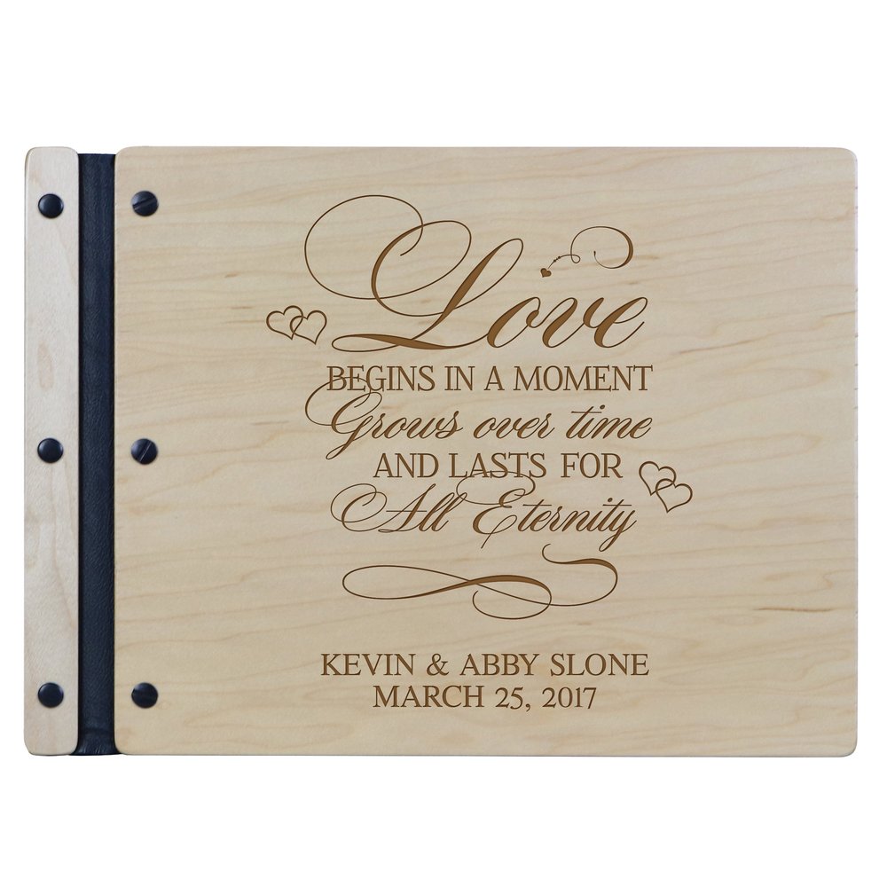 LifeSong Milestones Personalized Mr and Mrs. Wedding Anniversary Guest Book Registry for Bride and Groom Newlywed Couple Custom Engraved Cherry Wood 13.5" x10 (Love Begins in A Moment)
