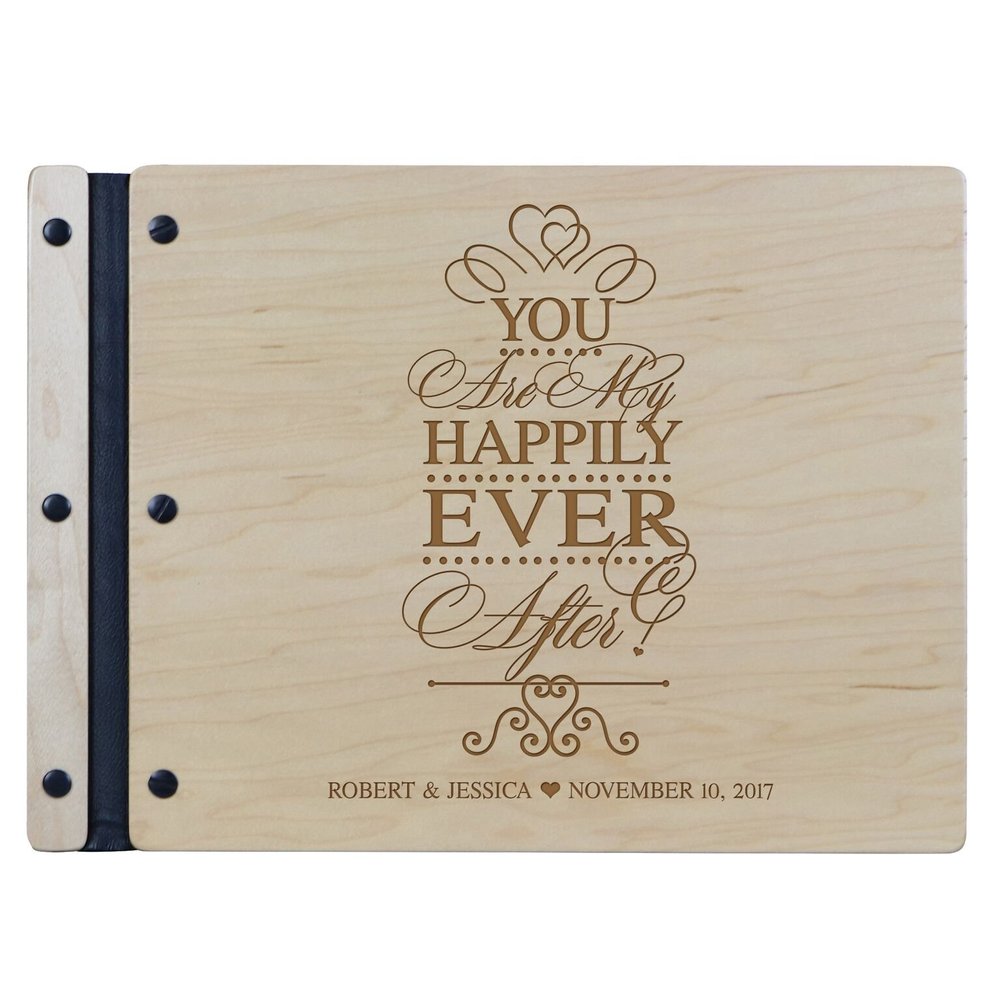 LifeSong Milestones Personalized Mr and Mrs. Wedding Anniversary Guest Book Registry for Bride and Groom Newlywed Couple Custom Engraved Cherry Wood 13.5" x10 (Happily Ever After)