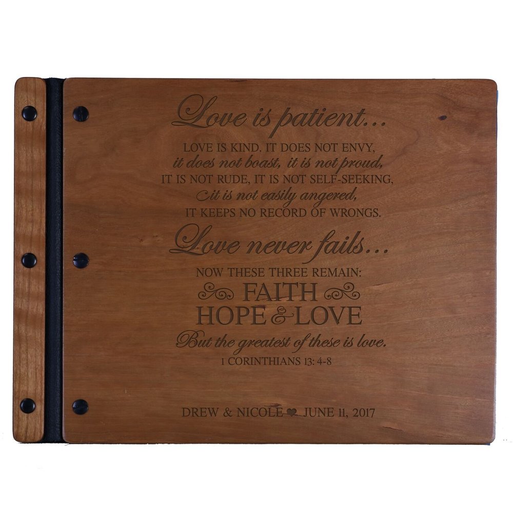 LifeSong Milestones Personalized Mr and Mrs. Wedding Anniversary Guest Book Registry for Bride and Groom Newlywed Couple Custom Engraved Cherry Wood 13.5" x10 (Corinthians)