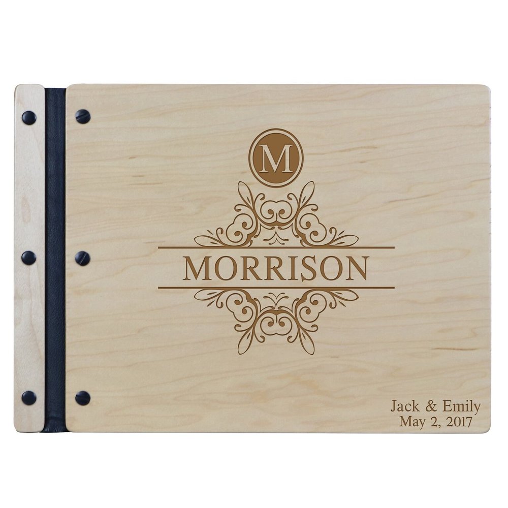 LifeSong Milestones Personalized Mr and Mrs. Wedding Anniversary Guest Book Registry for Bride and Groom Newlywed Couple Custom Engraved Cherry Wood 13.5" x10 (Monogram)