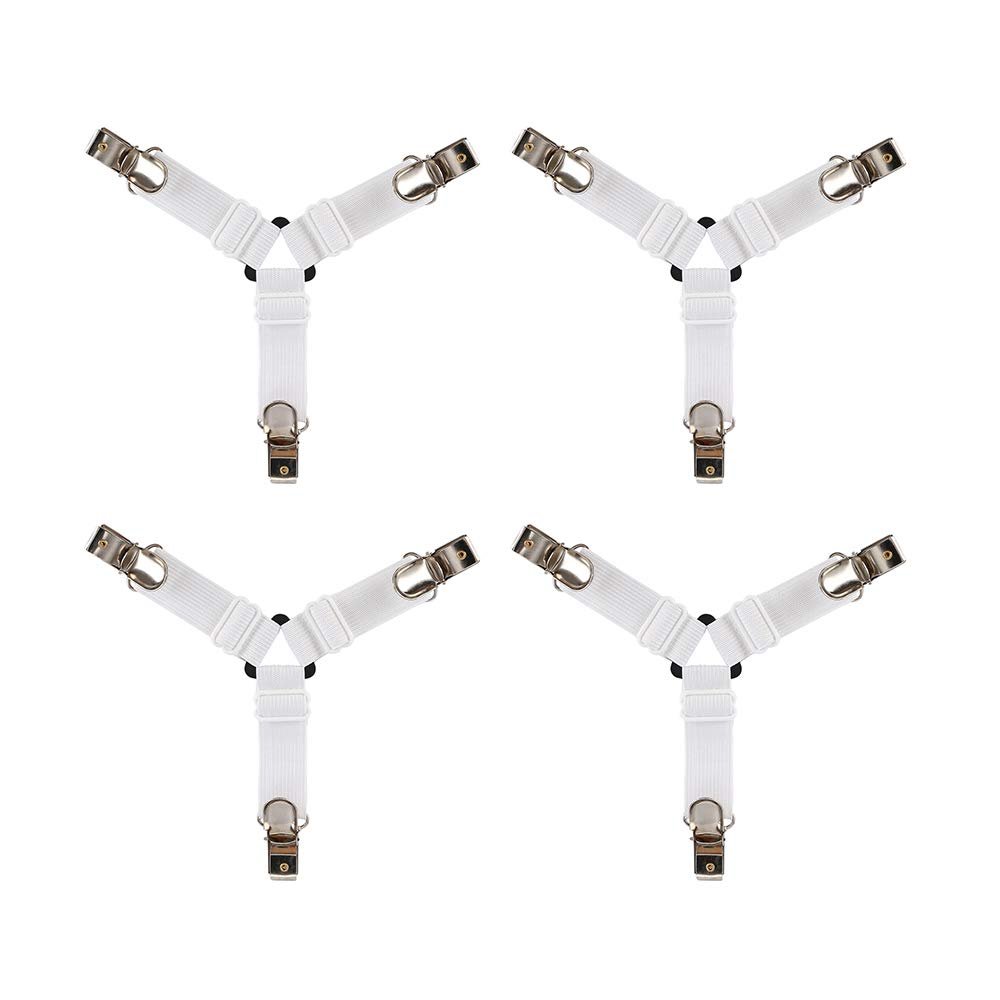 4PCS Bed Sheet Holder Straps Adjustable Triangle Sheet Straps Fitted Sheet Straps Suspenders Fastener Grippers Corner Holder for King Queen Twin Size,Mattress Covers, Sofa Cushion (White-4pcs)