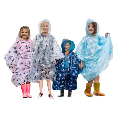 Furry Smile Disposable Rain Ponchos Kids - Emergency Kids Rain Poncho - 4 Pack Hooded Ponchos for Boys and Girls With Fun Designs