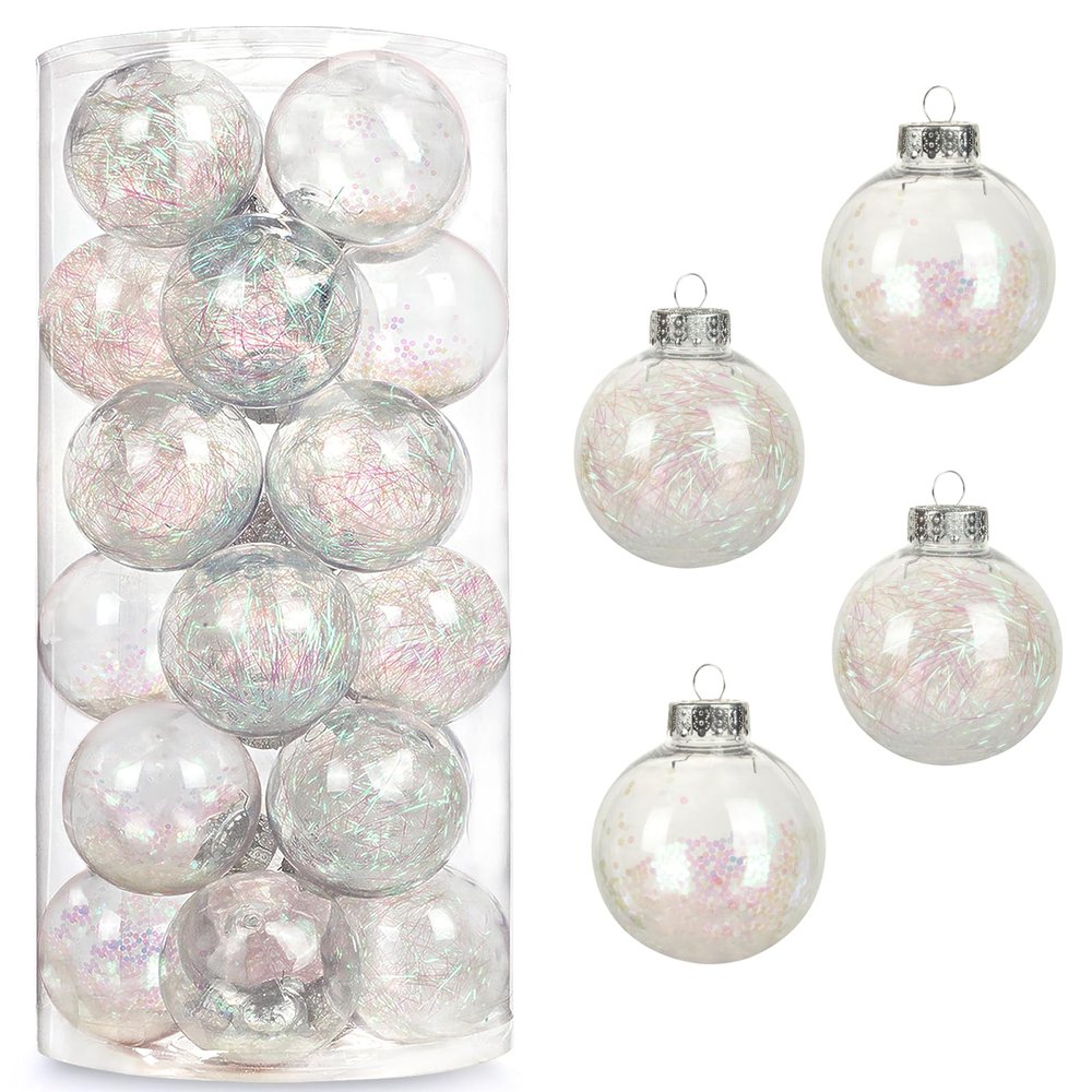 AMS 24ct Clear Christmas Ball Ornaments, 2.76''/70mm Shatterproof Hanging Xmas Balls Baubles Set for Christmas Tree with Stuffed Delicate Decorations for Wedding Christmas (Iridescent)