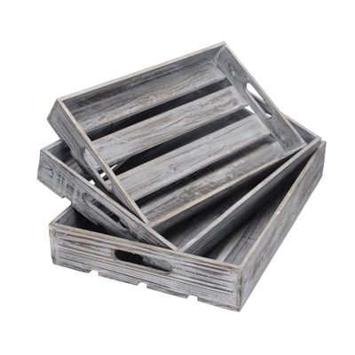 Set of 3 Wood Slat Tray - Gray Wash