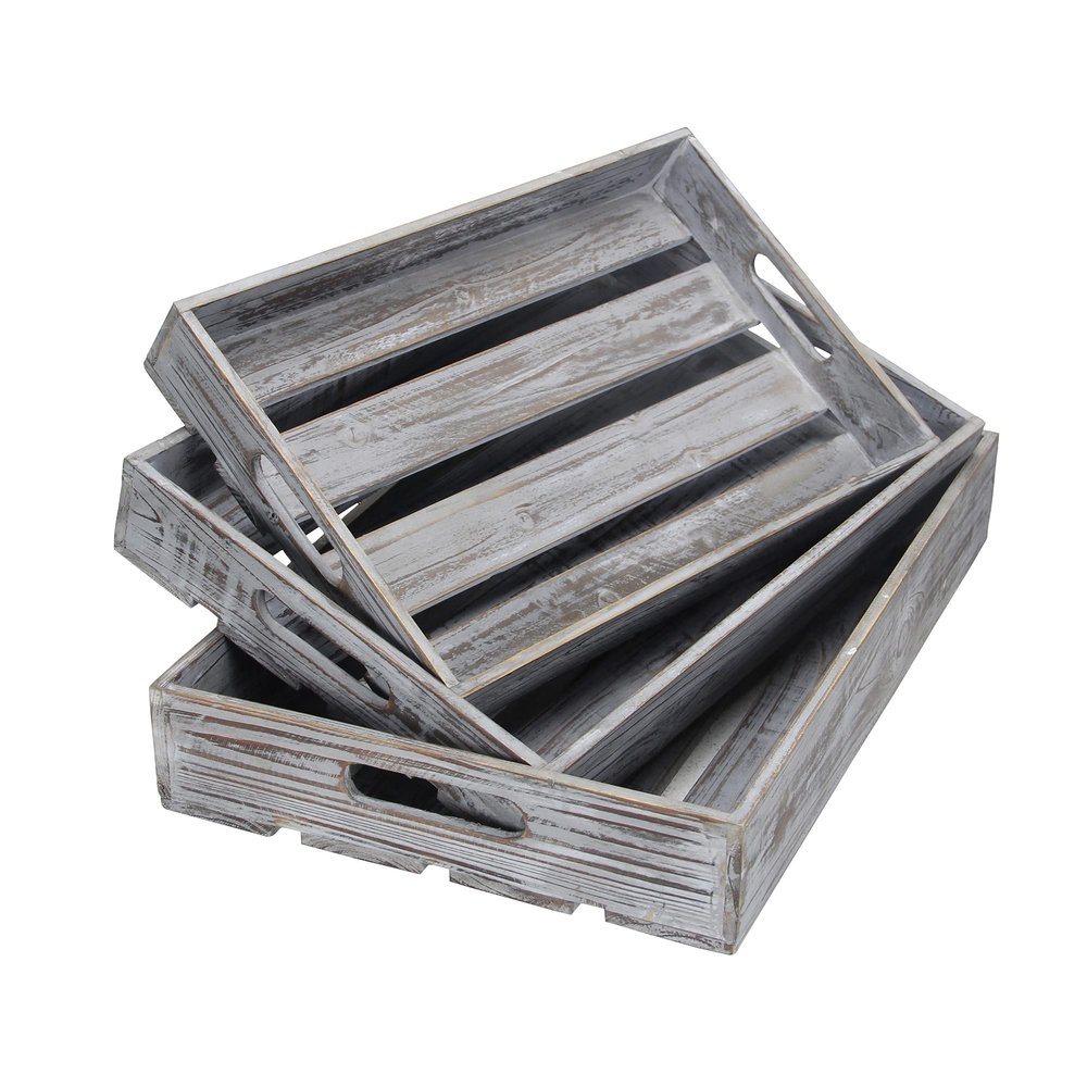 Set of 3 Wood Slat Tray - Gray Wash