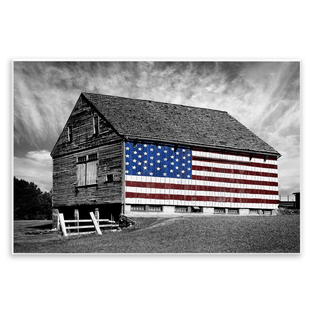Stupell Industries 'Black & White Barn with American Flag', Wall Plaque Art, 19 x 13 Inches, Easy to Hang and Sturdy, Made in USA, by James Mcloughlin