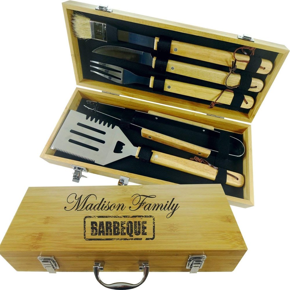BBQ SET 5 tools | Custom engraved/personalized grilling set with 5 useful Barbeque grilling tools | Barbecue Utensils Gifts for Men & Women | In natural bamboo case | Grill Utensils Set for Dad