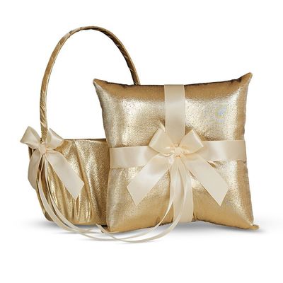 Alex Emotions Gold & Ivory Wedding Ring Bearer Pillow and Flower Girl Basket Set Satin & Ribbons Pairs Well with Most Dresses & Themes Splendour Every Wedding Deserves