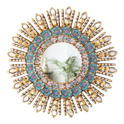 DecorContreras Round Gold Sunburst Mirror, Peruvian Turquoise Glass 17.7 in