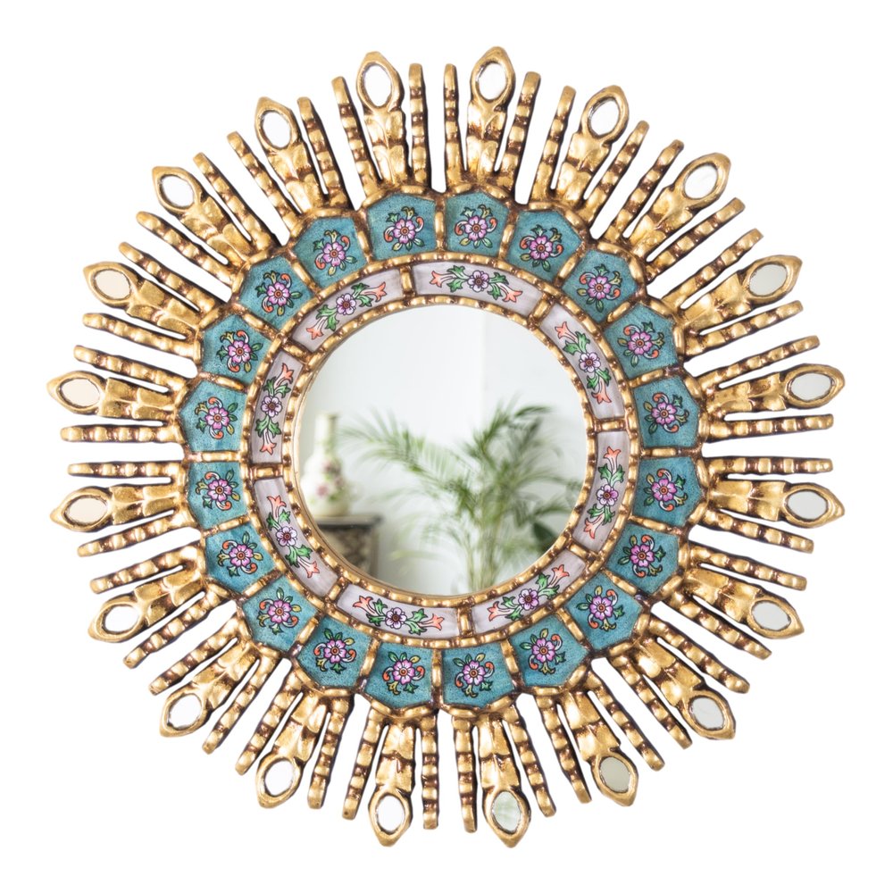 DecorContreras Round Gold Sunburst Mirror, Peruvian Turquoise Glass 17.7 in
