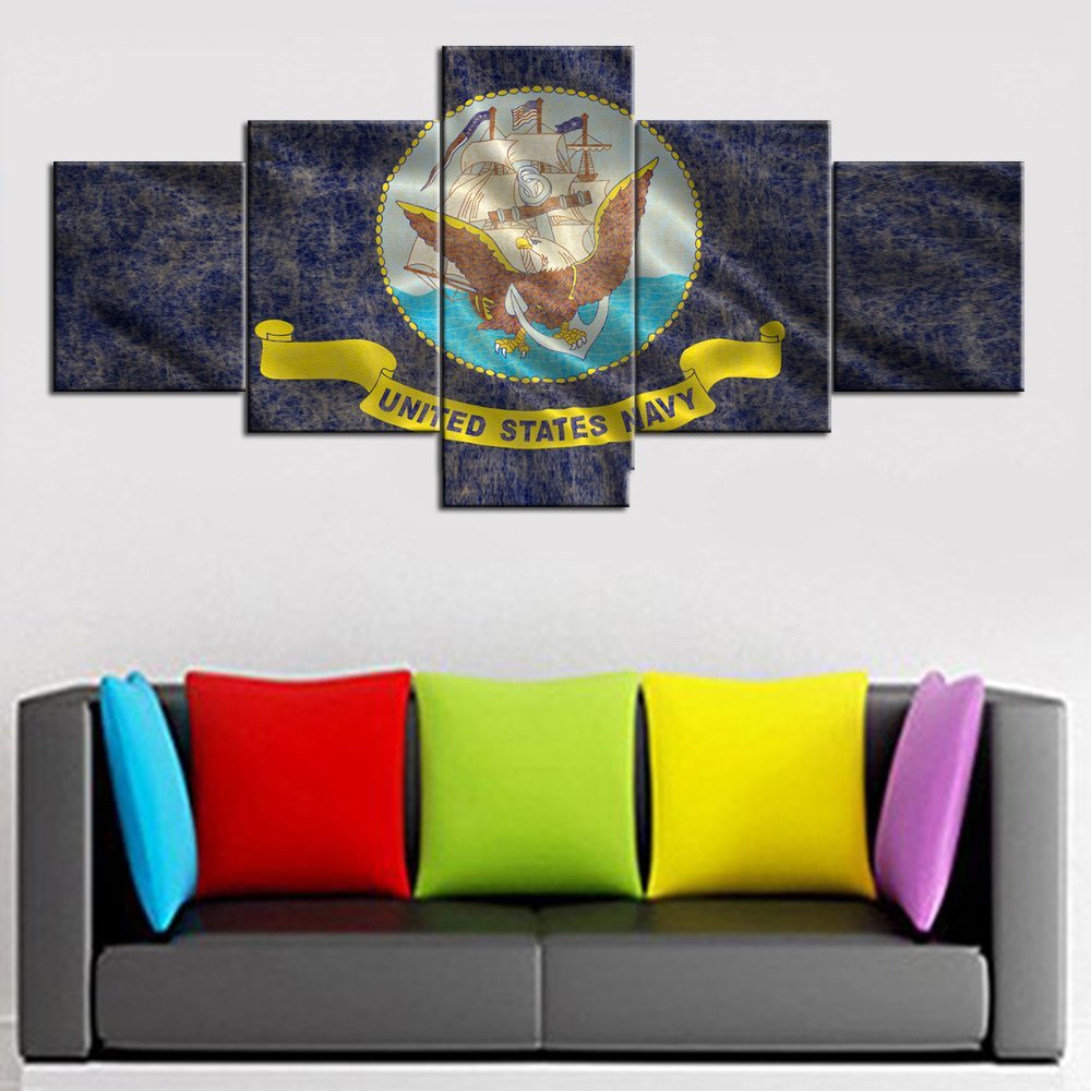 Military Wall Canvas 5 Panel Art Flag of Naval Forces US Paintings Modern Pictures Artwork Home Decor for Living Room Framed Gallery-wrapped Stretched Ready to Hang Posters and Prints(50''Wx24''H)