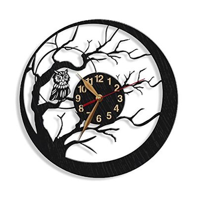 monastar Owl on Tree Branch Wall Clock -Select Size, Personalized- Wood Big in Forest Nocturnal Birds of Prey Kids Room Animal Playroom Ornithologist Birdman Wooden Wall Art Dcor