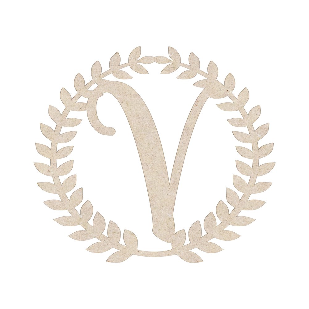 24" Roman Wreath Unfinished Wood Initial Monogram Letter V (Sizes 12"-28")