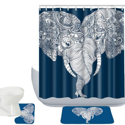 Amagical Elephants Pattern 3 Piece Bathroom Mat Set Shower Curtain Set Blue and White Bath Mat Contour Mat Fabric Shower Curtian 12 Hooks