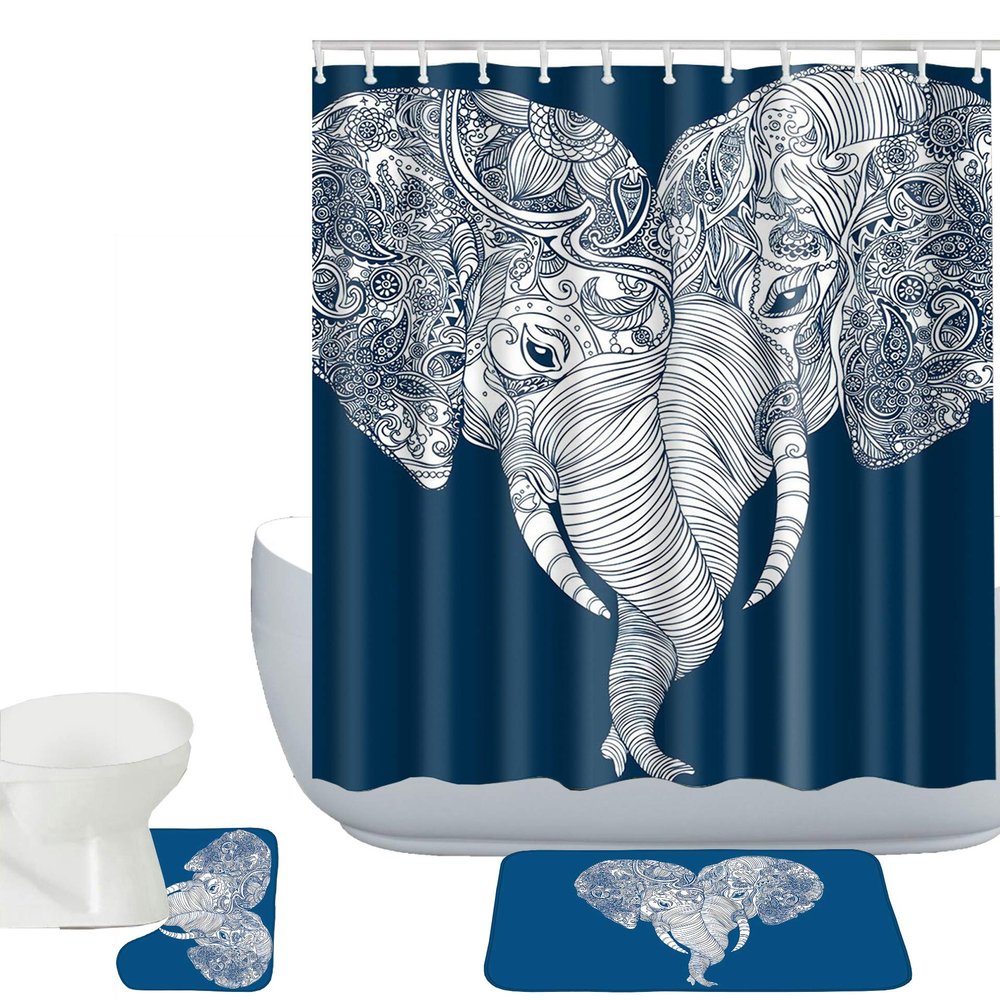 Amagical Elephants Pattern 3 Piece Bathroom Mat Set Shower Curtain Set Blue and White Bath Mat Contour Mat Fabric Shower Curtian 12 Hooks