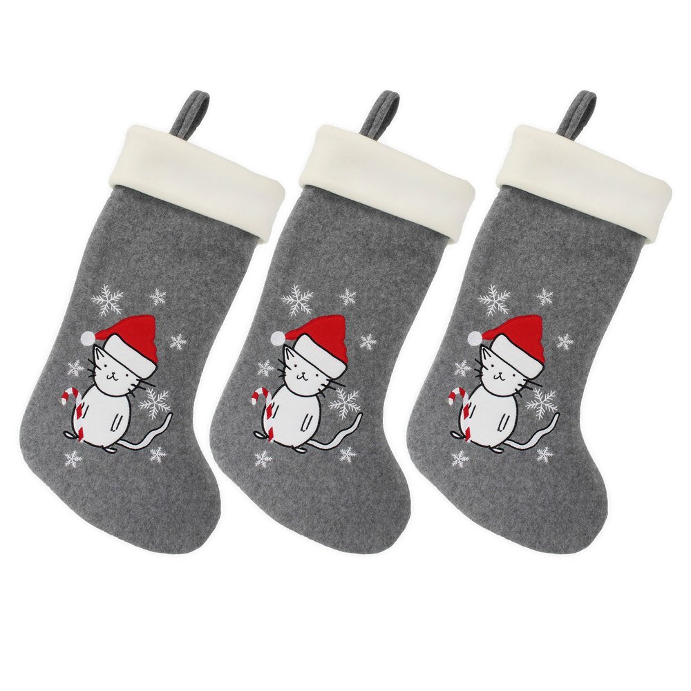 BambooMN 18" Classic Embroidered Sequined Animal Christmas Stocking - Cat - 3 Units