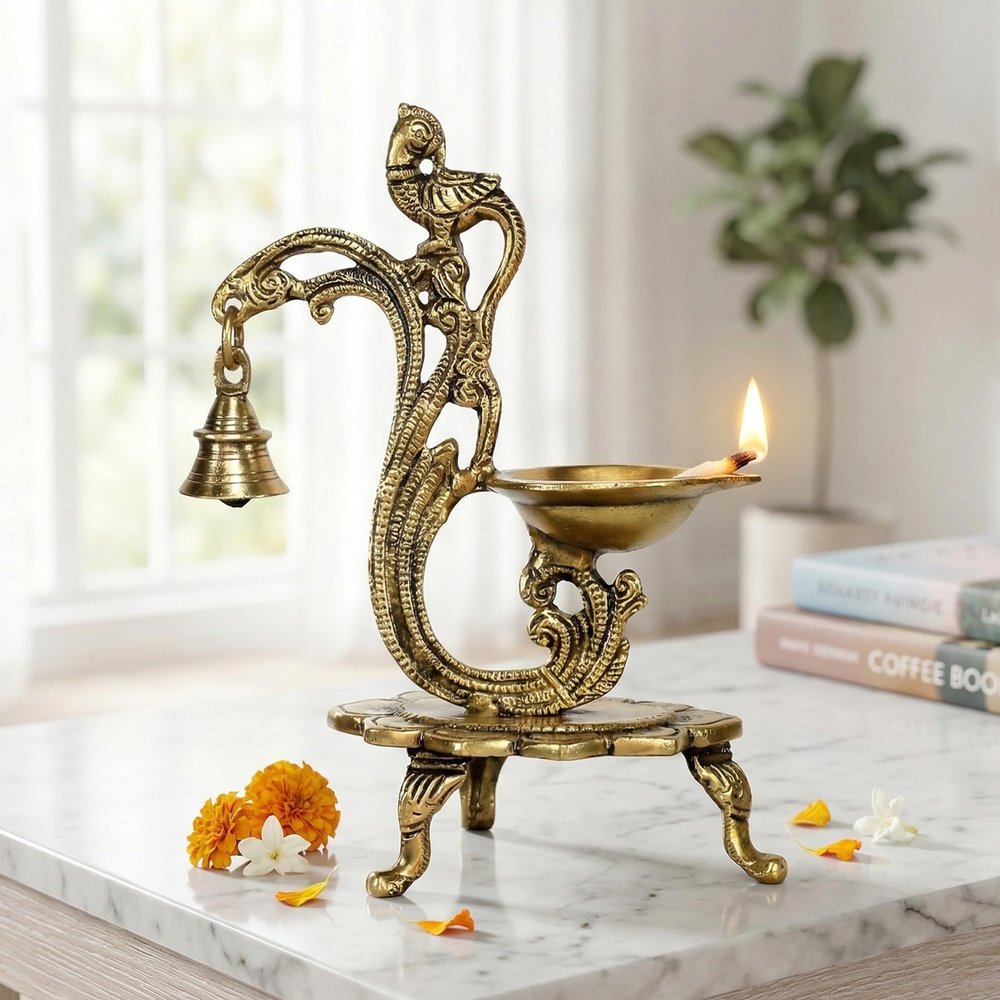 eSplanade - 8" - Peacock Diya with Bell - Lotus Shaped Round Brass Diya | Oil Lamp Deepam | Home Decor | Kuthu Vilakku | Oil Lamps for Home and Office