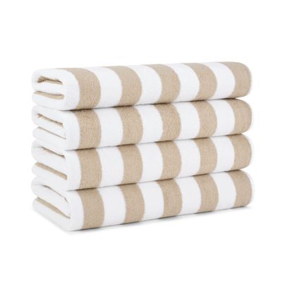 Arkwright California Cabana Stripe Beach Towel - Pack of 4, Large Soft Quick Dry 100% Cotton Terry Towels Set for Pool, Swim, and Hot Tub, Oversized 30 x 70 in, Beige