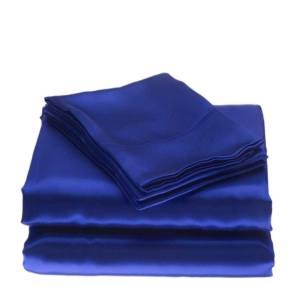 Bedify Bedding 100% Pure Silk Satin 7 Pcs Set of Duvet, 15 Inches Deep Pocket Fitted Sheet and Flat Sheet with Pillowcases Wrinkle Free Fade Resistant Soft Bed Sheets (Royal Blue, Queen)