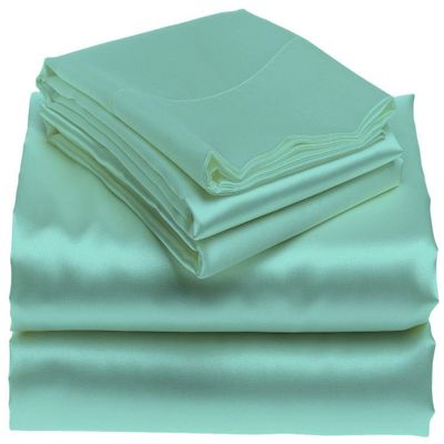 Bedify Bedding 100% Pure Silk Satin Sheet Set 7pcs, Silk Fitted Sheet 15'' Deep Pocket,Silk Flat Sheet,Duvet Cover&Pillowcases |Cool Soft Silk Sheets|Wrinkle Free Fade Resistant| Queen, Aqua Blue