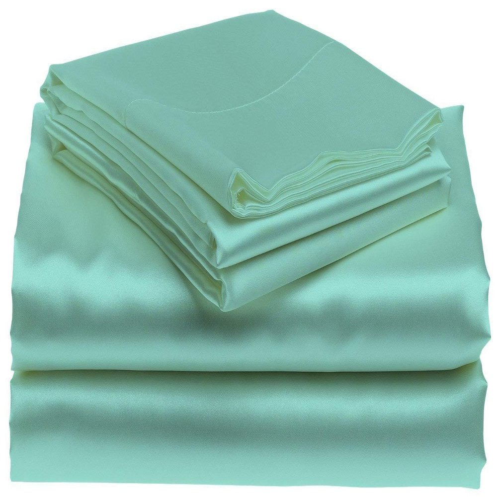 Bedify Bedding 100% Pure Silk Satin Sheet Set 7pcs, Silk Fitted Sheet 15'' Deep Pocket,Silk Flat Sheet,Duvet Cover&Pillowcases |Cool Soft Silk Sheets|Wrinkle Free Fade Resistant| Queen, Aqua Blue