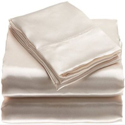 Bedify Bedding 100% Pure Silk Satin 7 Pcs Set of Duvet, 15 Inches Deep Pocket Fitted Sheet and Flat Sheet with Pillowcases Wrinkle Free Fade Resistant Soft Bed Sheets (Ivory, California Queen)
