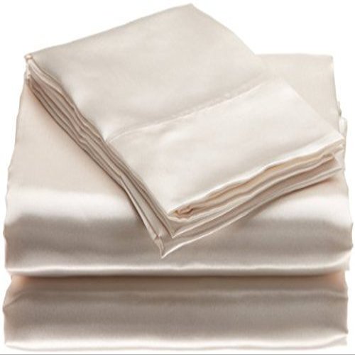 Bedify Bedding 100% Pure Silk Satin 7 Pcs Set of Duvet, 15 Inches Deep Pocket Fitted Sheet and Flat Sheet with Pillowcases Wrinkle Free Fade Resistant Soft Bed Sheets (Ivory, California Queen)