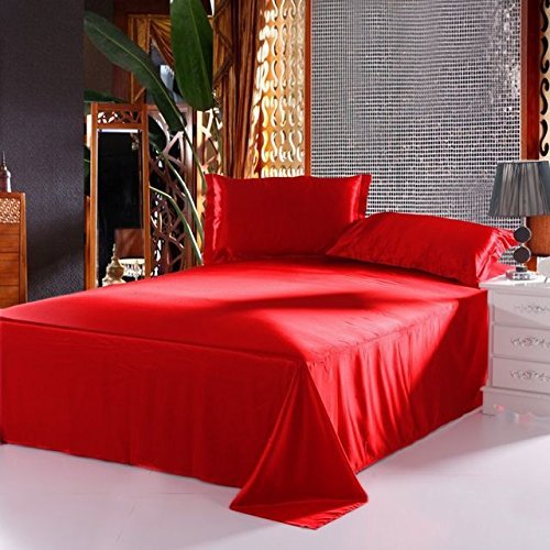 Bedify Bedding 100% Pure Silk Satin 7 Pcs Set of Duvet, 15 Inches Deep Pocket Fitted Sheet and Flat Sheet with Pillowcases Wrinkle Free Fade Resistant Soft Bed Sheets (Blood Red, Queen)
