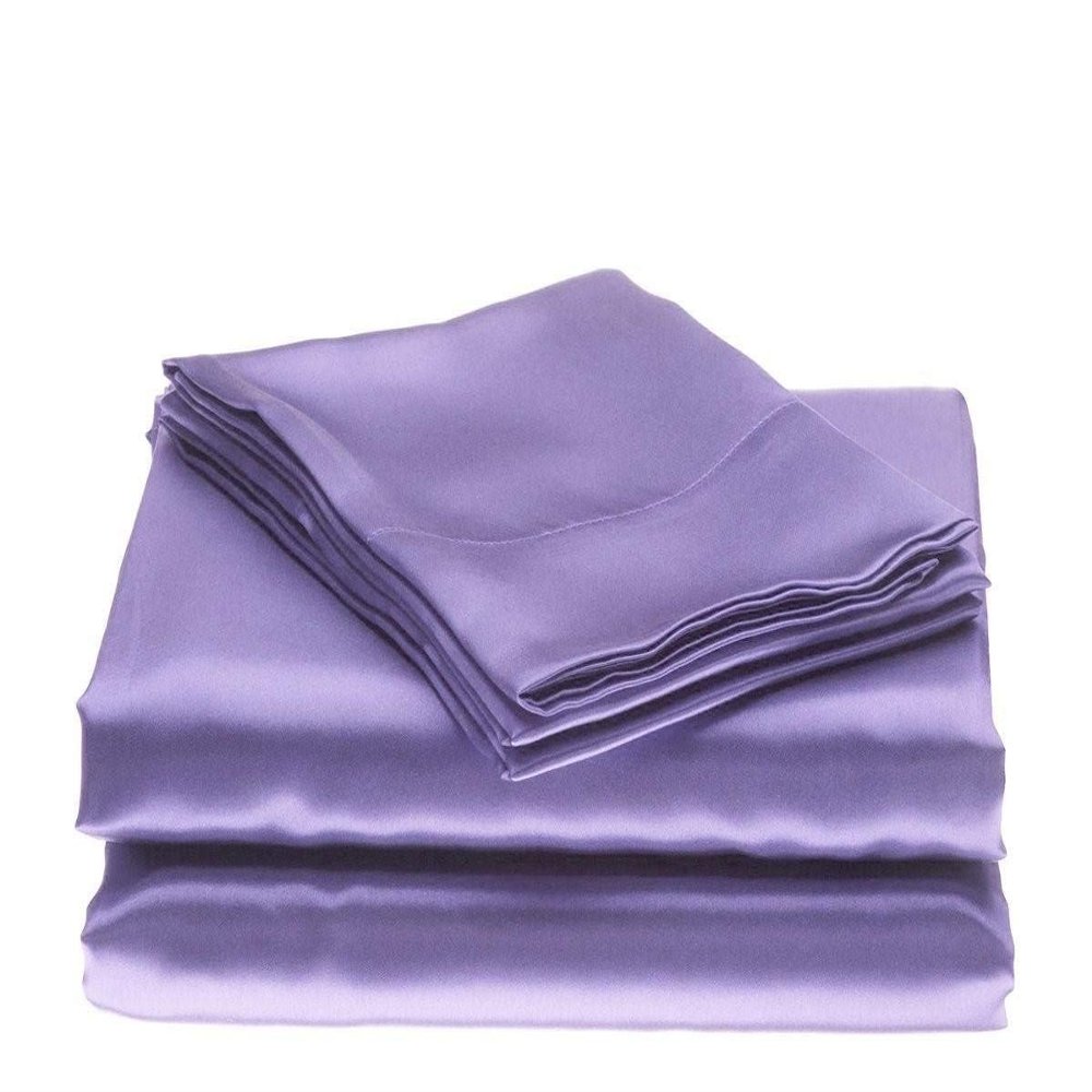 Bedify Bedding 100% Pure Silk Satin 7 Pcs Set of Duvet, 15 Inches Deep Pocket Fitted Sheet and Flat Sheet with Pillowcases Wrinkle Free Fade Resistant Soft Bed Sheets (Lilac, California Queen)