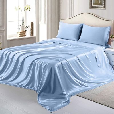 Bedify Bedding 100% Pure Silk Satin 7 Pcs Set of Duvet, 15 Inches Deep Pocket Fitted Sheet and Flat Sheet with Pillowcases Wrinkle Free Fade Resistant Soft Bed Sheets (Medium Blue, Queen)