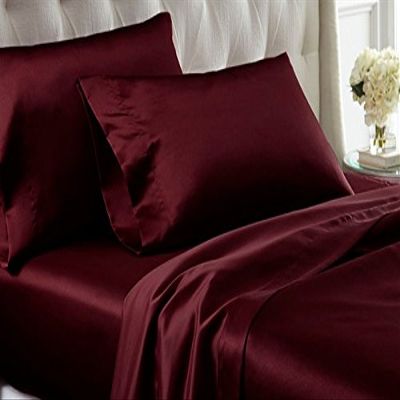 Bedify Bedding 100% Pure Silk Satin 7 Pcs Set of Duvet, 15 Inches Deep Pocket Fitted Sheet and Flat Sheet with Pillowcases Wrinkle Free Fade Resistant Soft Bed Sheets (Wine, California Queen)