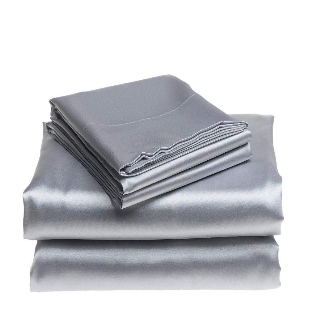 Bedify Bedding 100% Pure Silk Satin 7 Pcs Set of Duvet, 15 Inches Deep Pocket Fitted Sheet and Flat Sheet with Pillowcases Wrinkle Free Fade Resistant Soft Bed Sheets (Silver Grey, California Queen)
