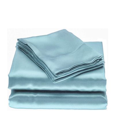 Bedify Bedding 100% Pure Silk Satin 7 Pcs Set of Duvet, 15 Inches Deep Pocket Fitted Sheet and Flat Sheet with Pillowcases Wrinkle Free Fade Resistant Soft Bed Sheets (Sky Blue, California Queen)