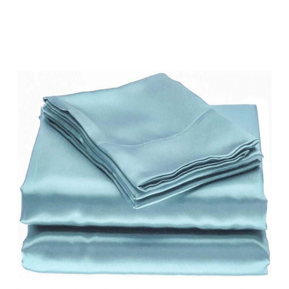 Bedify Bedding 100% Pure Silk Satin 7 Pcs Set of Duvet, 15 Inches Deep Pocket Fitted Sheet and Flat Sheet with Pillowcases Wrinkle Free Fade Resistant Soft Bed Sheets (Sky Blue, California Queen)