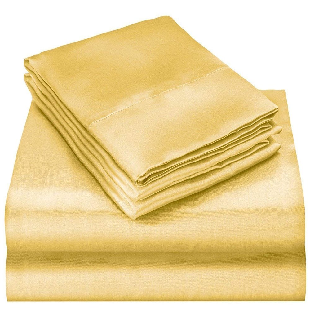 Bedify Bedding 100% Pure Silk Satin 7 Pcs Set of Duvet, 15 Inches Deep Pocket Fitted Sheet and Flat Sheet with Pillowcases Wrinkle Free Fade Resistant Soft Bed Sheets (Gold, California Queen)