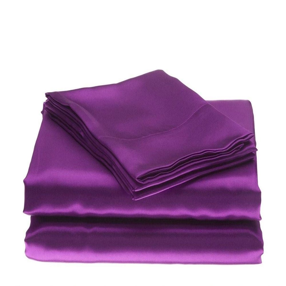 Bedify Bedding 100% Pure Silk Satin 7 Pcs Set of Duvet, 15 Inches Deep Pocket Fitted Sheet and Flat Sheet with Pillowcases Wrinkle Free Fade Resistant Soft Bed Sheets (Purple, California Queen)