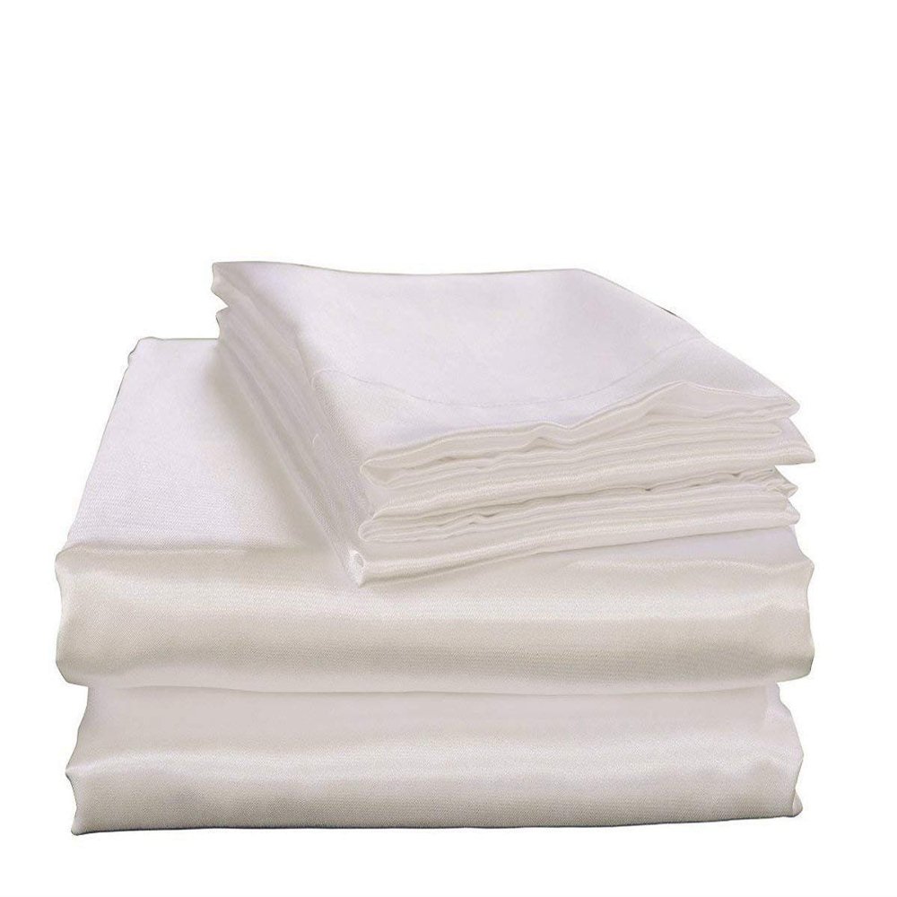 Bedify Bedding 100% Pure Silk Satin 7 Pcs Set of Duvet, 15 Inches Deep Pocket Fitted Sheet and Flat Sheet with Pillowcases Wrinkle Free Fade Resistant Soft Bed Sheets (White, California Queen)
