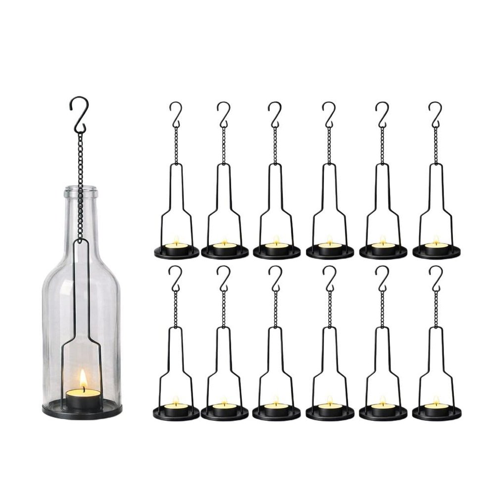 AceList 12 Pack Wrought Iron Hanging Candle Holder for Cut Glass Bottles, Fits 3.0" Diameter Bottlenecks, DIY Wine Bottle Lantern Kit for Garden, Patio, Wedding, Outdoor Decor
