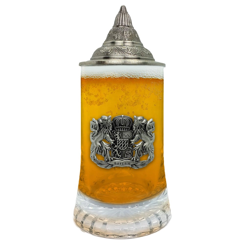 0.5 Liter | Beer Glass German Bayern Metal Medallion Bar Gifts for Men With Metal Lid Glass Mug by OktoberfestHaus