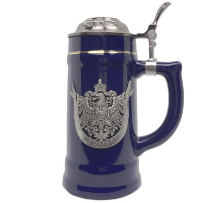 0.75 Liter | OktoberfestHaus Beer Lover Gift Beer Stein Tankard Medieval German Adler (Eagle) Coat Of Arms With Germany On Metal Emblem Bier Krug Cobalt Blue Ceramic Mug With Lid