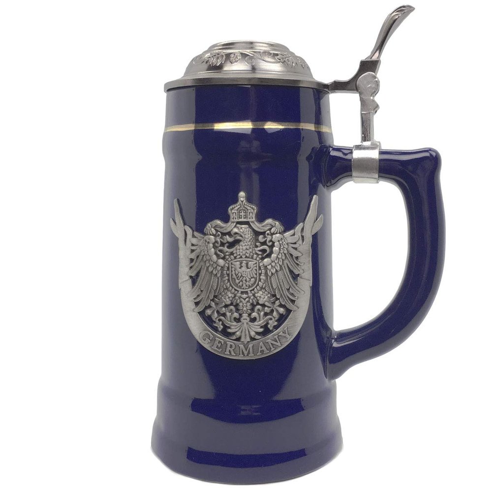 0.75 Liter | OktoberfestHaus Beer Lover Gift Beer Stein Tankard Medieval German Adler (Eagle) Coat Of Arms With Germany On Metal Emblem Bier Krug Cobalt Blue Ceramic Mug With Lid