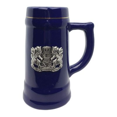 0.75 Liter | OktoberfestHaus Beer Lover Gift Beer Stein Tankard Medieval German Bavarian Coat Of Arms With Germany On Metal Emblem Bier Krug Cobalt Blue Ceramic Mug
