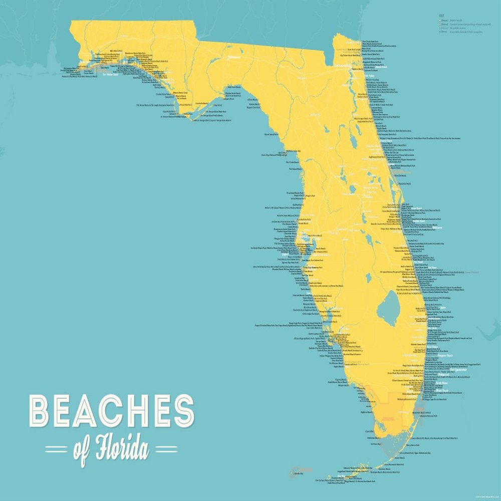 Best Maps Ever Florida Beaches Checklist Map 18x24 Poster (Marigold & Turquoise)