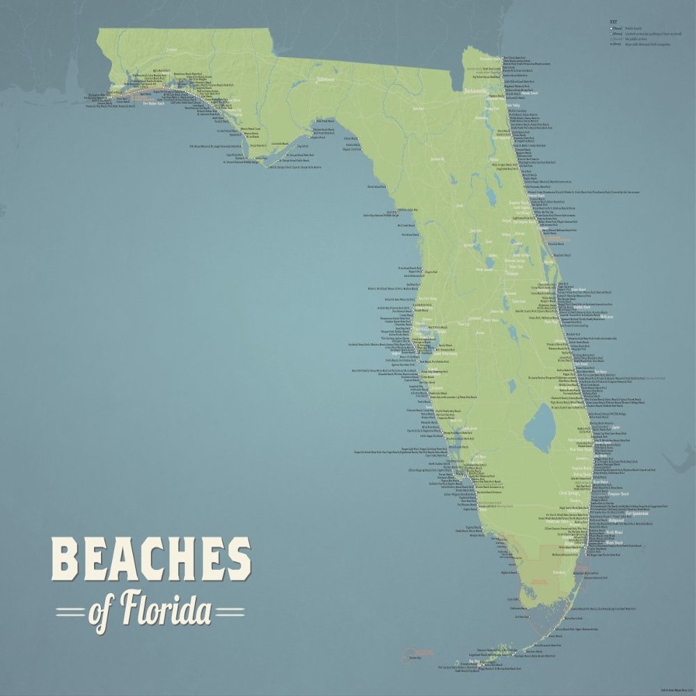 Florida Beaches Checklist Map 18x24 Poster (Natural Earth)