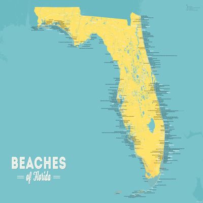 Florida Beaches Checklist Map 24x36 Poster (Marigold & Turquoise)