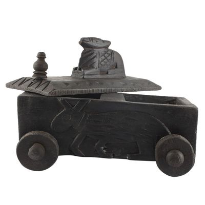 Indian Shelf 1 Piece Vocalforlocal Handmade Black Wooden Nandi Bull Sitting on Cart Design Spice Box Seasoning Masala Organizer Rack Jewellery Container
