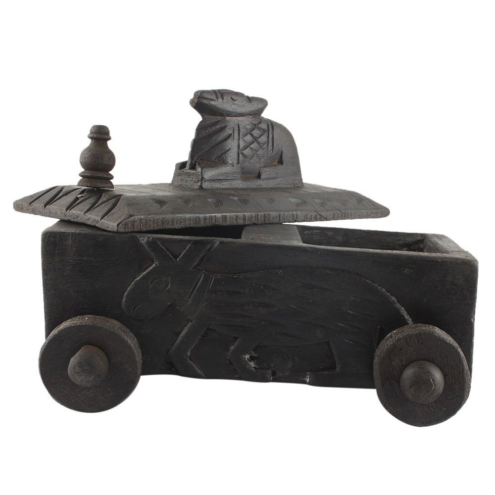 Indian Shelf 1 Piece Vocalforlocal Handmade Black Wooden Nandi Bull Sitting on Cart Design Spice Box Seasoning Masala Organizer Rack Jewellery Container