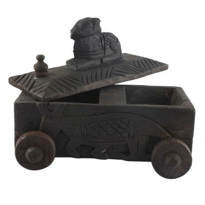 Indian Shelf 1 Piece Vocalforlocal Handmade Black Wooden Nandi Bull Sitting on Cart Design Spice Box Seasoning Masala Organizer Rack Jewellery Container