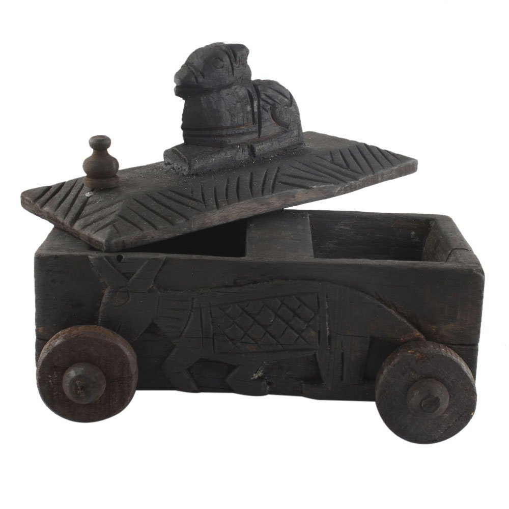 Indian Shelf 1 Piece Vocalforlocal Handmade Black Wooden Nandi Bull Sitting on Cart Design Spice Box Seasoning Masala Organizer Rack Jewellery Container
